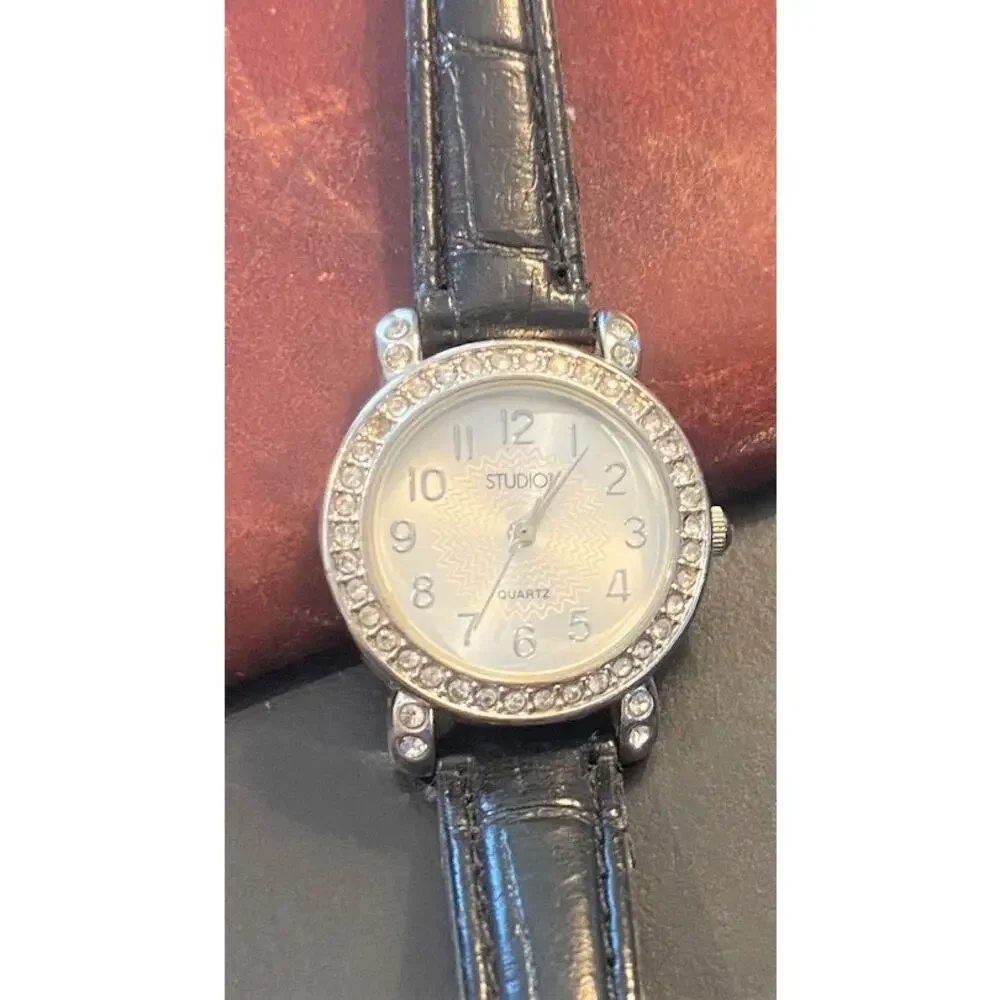Women's Silver Tone Studio Time Watch, Crystal Accented Bezel, Black Band